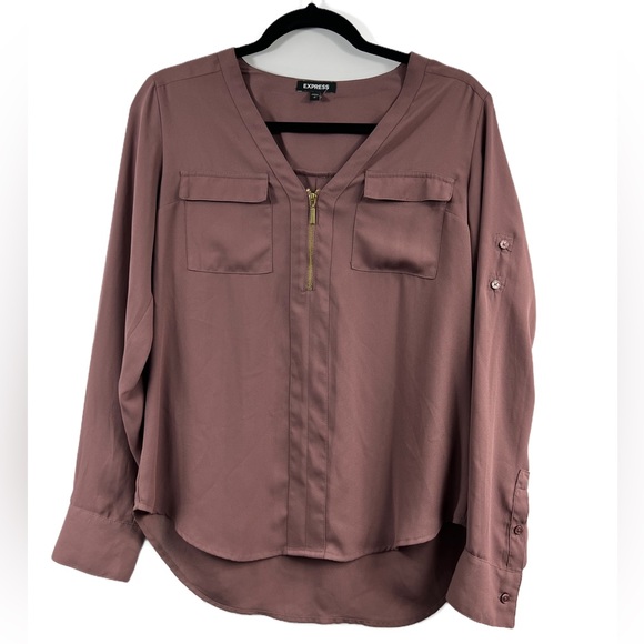 Express V-Neck Half Zip Two Pocket Popover Blouse Size Small Petite - Picture 2 of 8